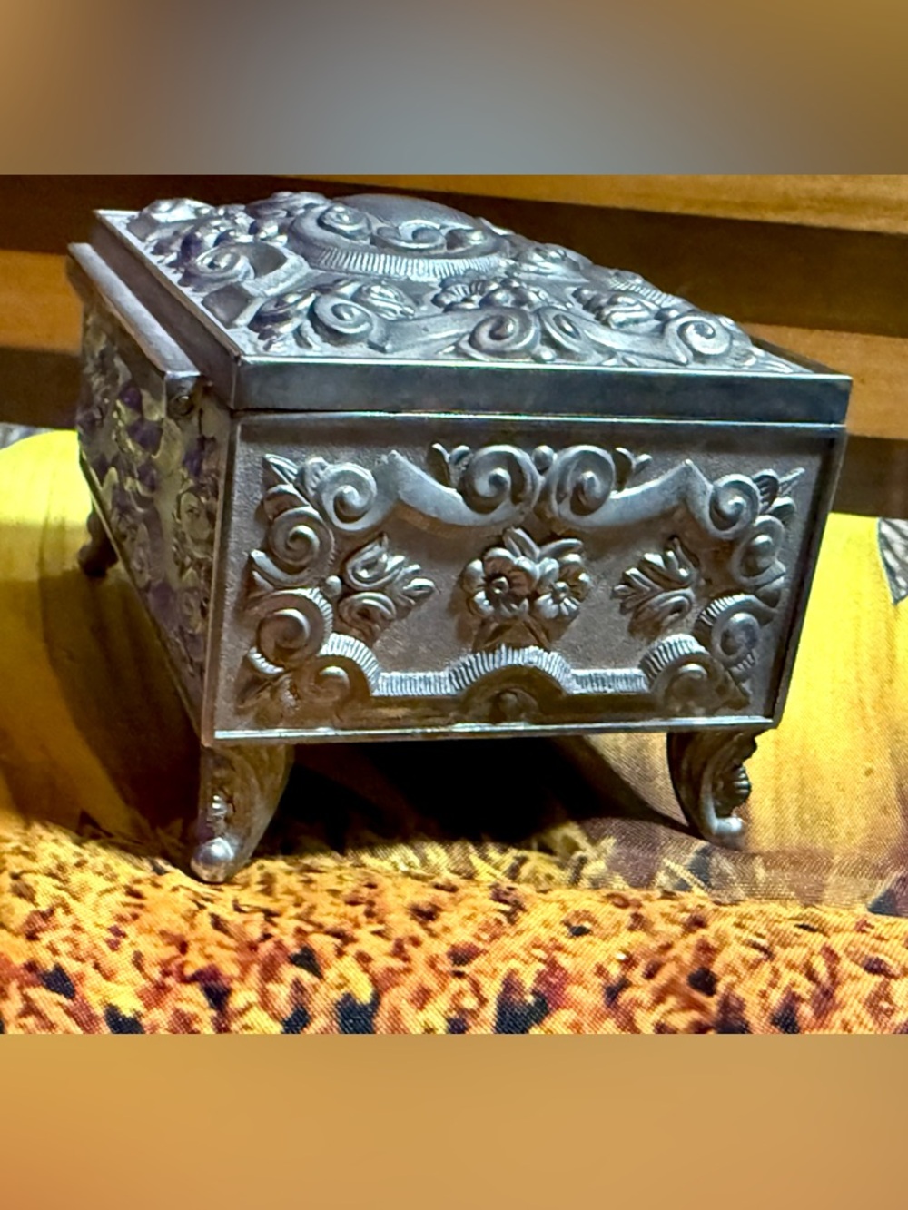 Vintage Art Nouveau Style Silver Plated Jewerly Box Trinket Box Blue Velvet - Picture 9 of 15